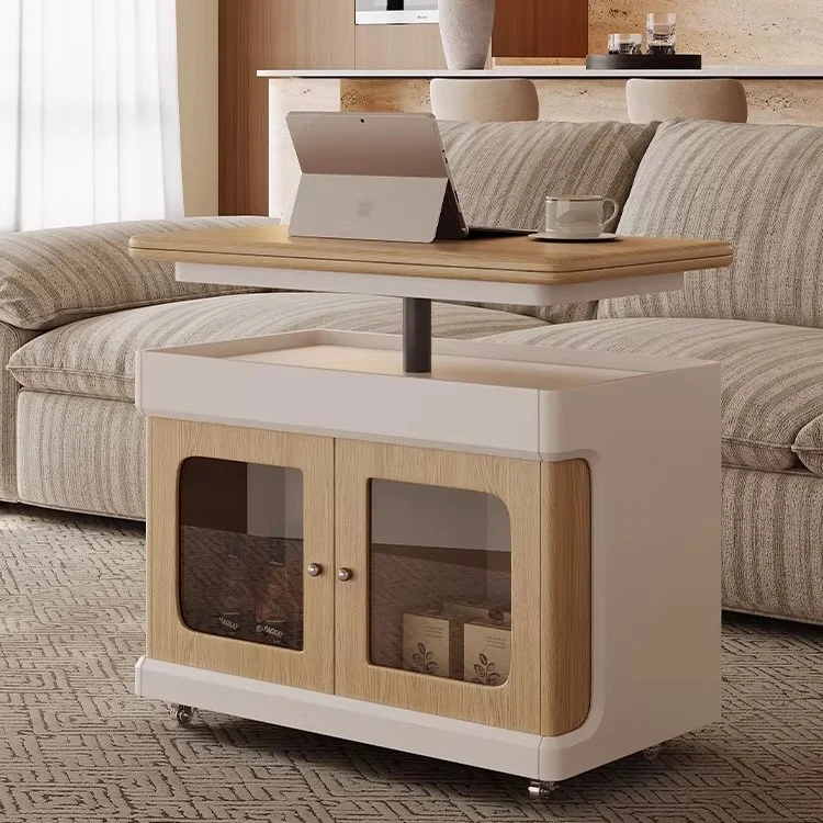 Table basse double multifonction relevable et extensible avec roulettes universelles