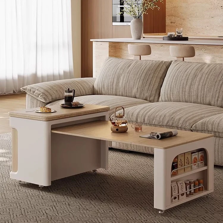 Table basse double multifonction relevable et extensible avec roulettes universelles