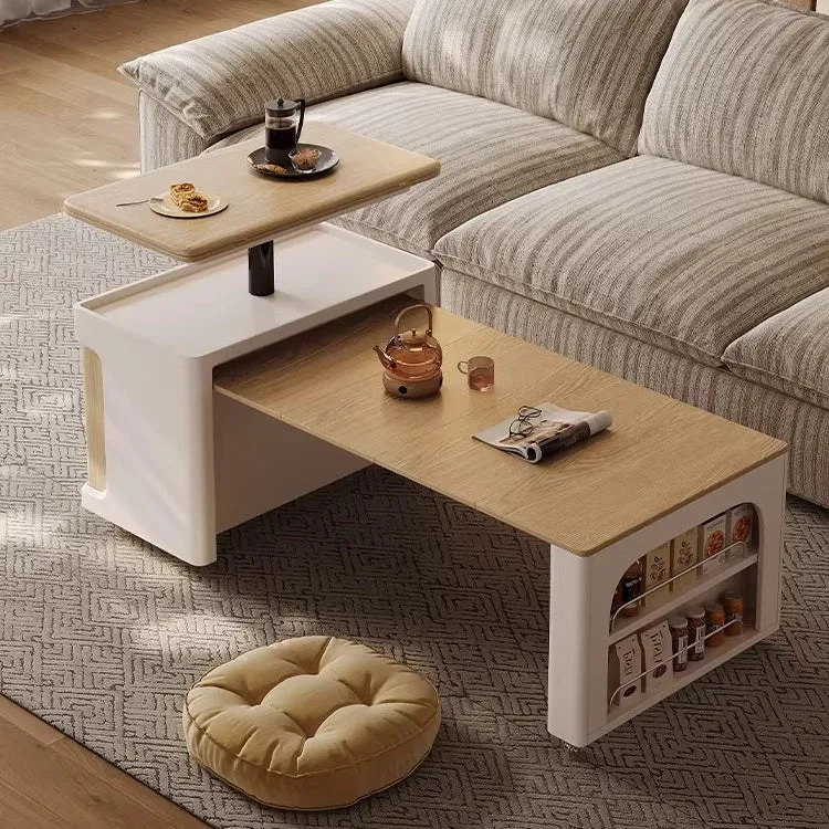 Table basse double multifonction relevable et extensible avec roulettes universelles