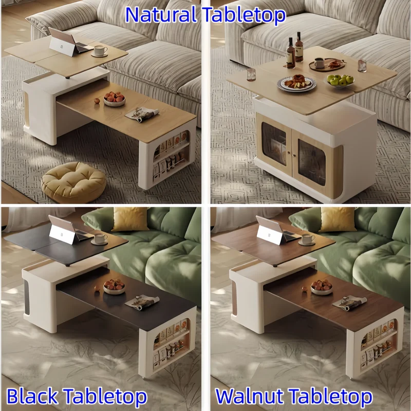 Table basse double multifonction relevable et extensible avec roulettes universelles