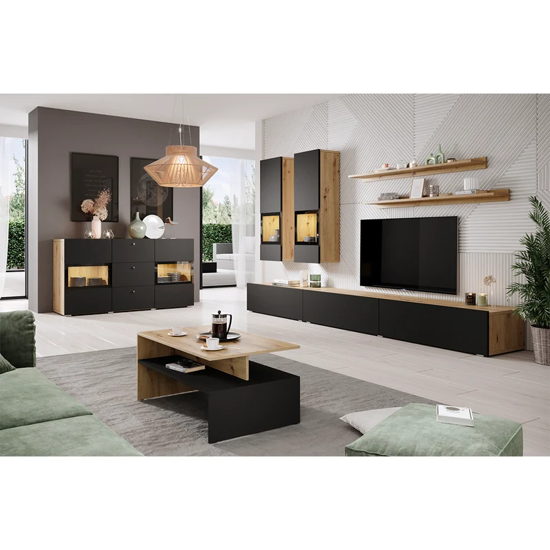 Buffet 2 portes 3 tiroirs avec LED Sloan Noir et Bois