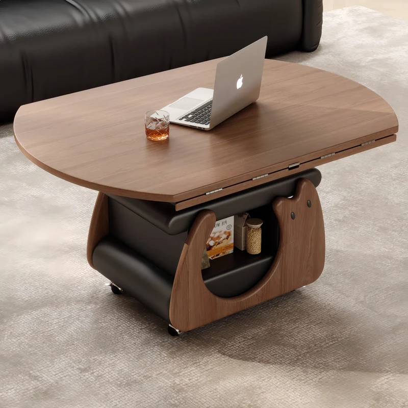 Table basse en bois massif, relevable et pliable, avec rangement et roulettes universelles
