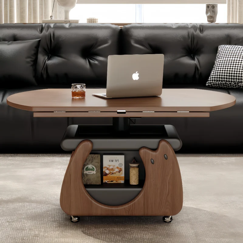 Table basse en bois massif, relevable et pliable, avec rangement et roulettes universelles