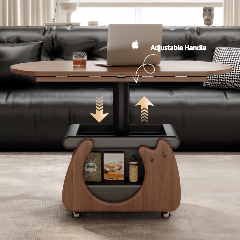 Table basse en bois massif, relevable et pliable, avec rangement et roulettes universelles