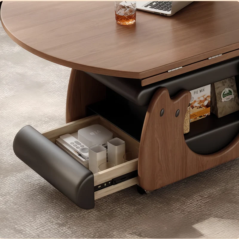 Table basse en bois massif, relevable et pliable, avec rangement et roulettes universelles
