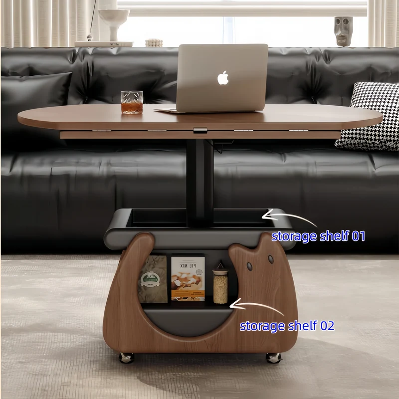 Table basse en bois massif, relevable et pliable, avec rangement et roulettes universelles