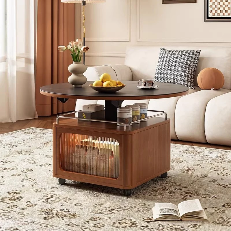 Table basse en pierre frittée relevable et pliable en buis massif