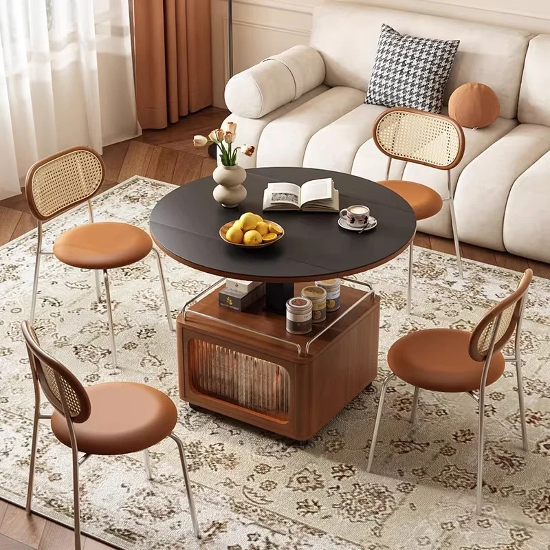 Table basse en pierre frittée relevable et pliable en buis massif