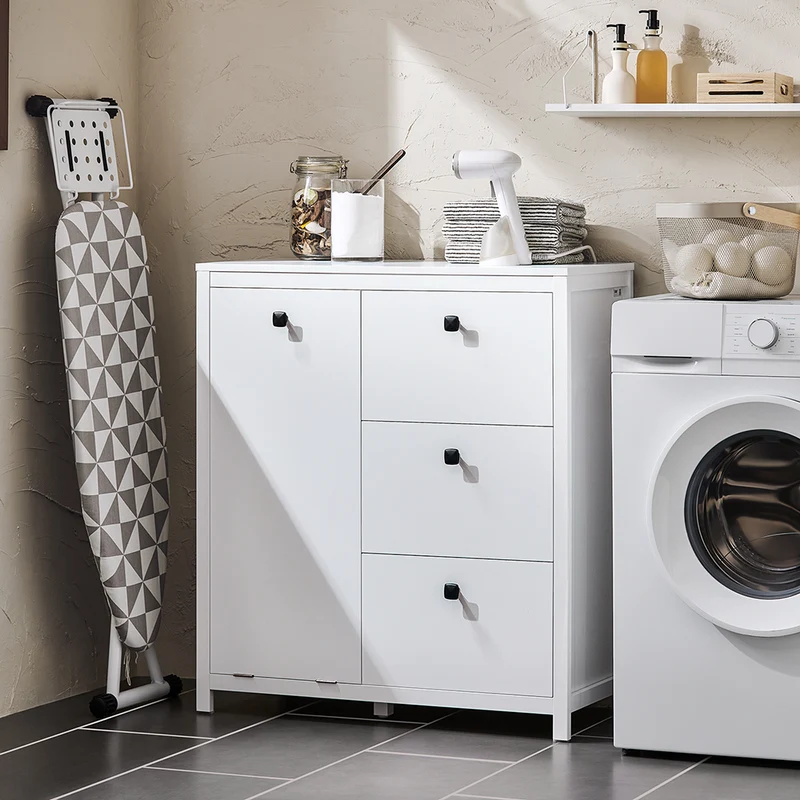 SoBuy BZR97-W Armoire à Linge avec Sac à Linge, Meuble Bas de Salle de Bain Armoire Toilette