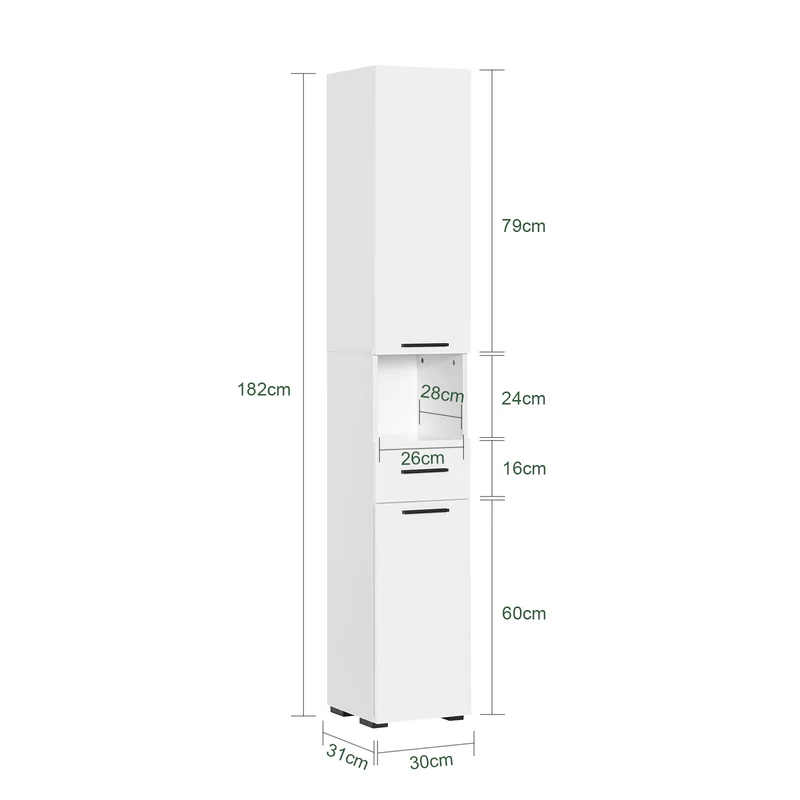 SoBuy BZR166-W Meuble Colonne, Armoire de Rangement Placard de Rangement Étroite, 1 Tiroir, 2 Portes et 2 Étagères Réglables