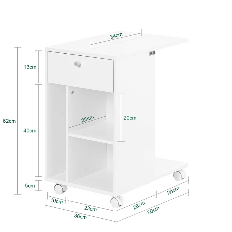 SoBuy FBT148-W Bout de Canapé sur roulettes Table de Chevet Table de Nuit Table d'Appoint avec 1 Tiroir et 3 Compartiments Ouverts