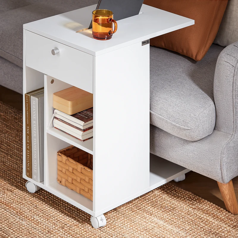 SoBuy FBT148-W Bout de Canapé sur roulettes Table de Chevet Table de Nuit Table d'Appoint avec 1 Tiroir et 3 Compartiments Ouverts