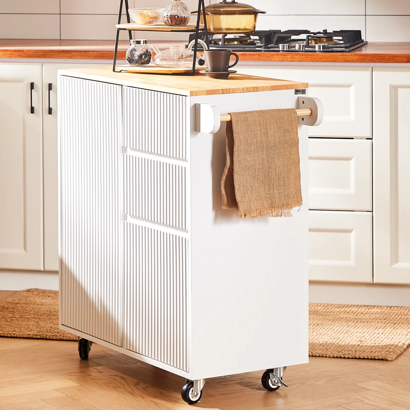 SoBuy FKW124-WN Desserte Cuisine avec Roulettes, Tiroirs et Barre latérale, Mobile, Rangement Optimisé – L90×P40×H90 cm, Bois d’Hévéa, Blanc et Naturel