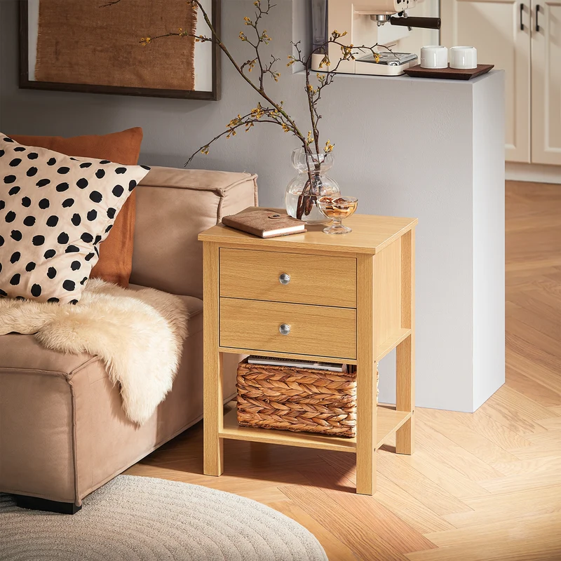 SoBuy FBT114-N Table de Chevet Bout de Canapé Table de Nuit Table d'Appoint Table Basse avec 1 Étagère et 2 Tiroirs