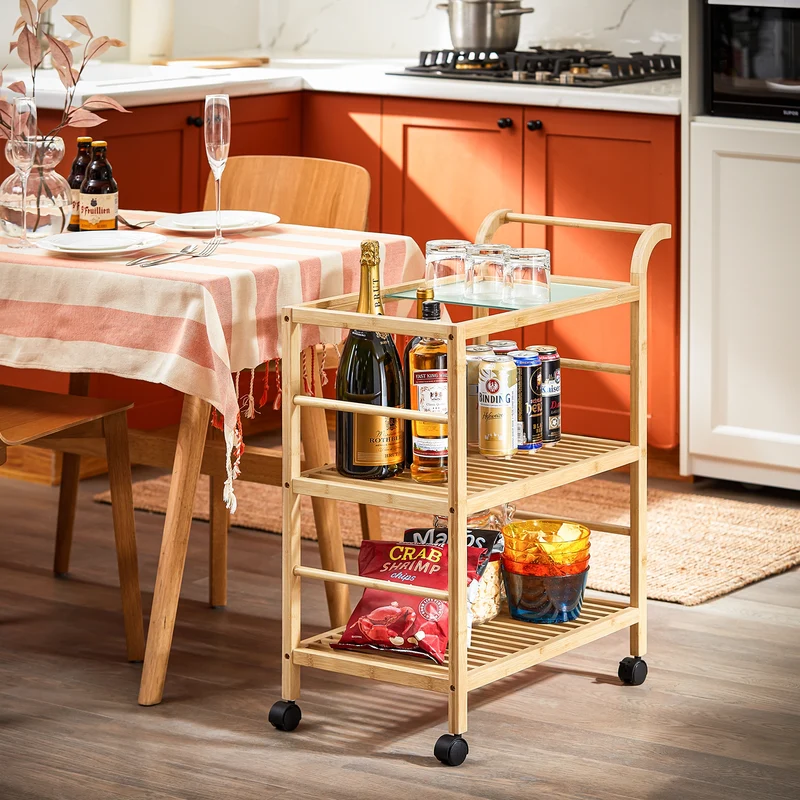 SoBuy SVW24-N Chariot de Service à roulettes, Desserte de Cuisine Roulante, Étagère de Cuisine, à 3 Niveaux avec Poignée