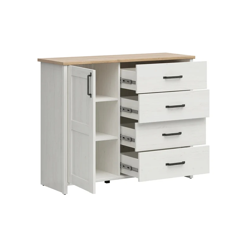 Buffet 1 porte 4 tiroirs Aksel Blanc et Bois