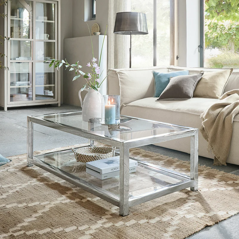 Table basse LOBERON Clayton en verre et inox argenté