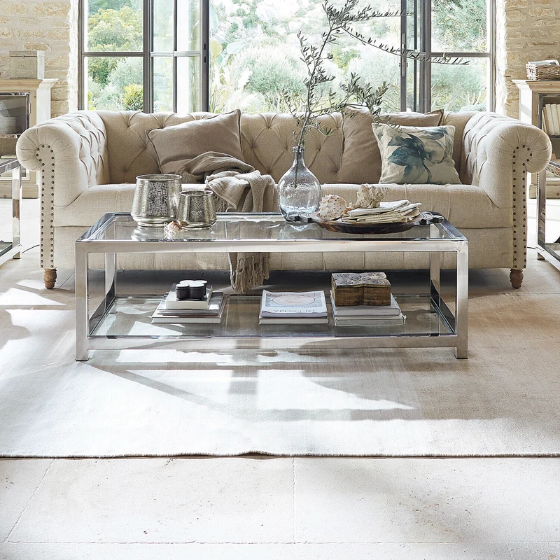 Table basse LOBERON Clayton en verre et inox argenté
