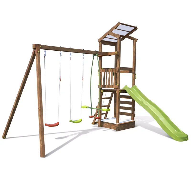 Aire de jeux SOULET Happy Swing & Climbing 120 avec portique 3 agrès et toboggan