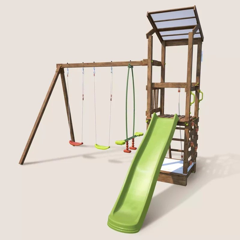 Aire de jeux SOULET Happy Swing & Climbing 120 avec portique 3 agrès et toboggan