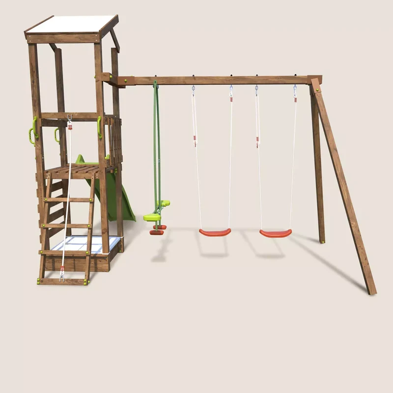 Aire de jeux SOULET Happy Swing & Climbing 120 avec portique 3 agrès et toboggan