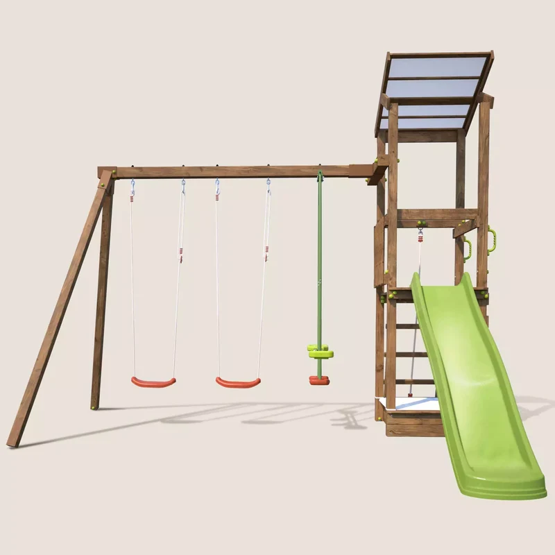 Aire de jeux SOULET Happy Swing & Climbing 120 avec portique 3 agrès et toboggan