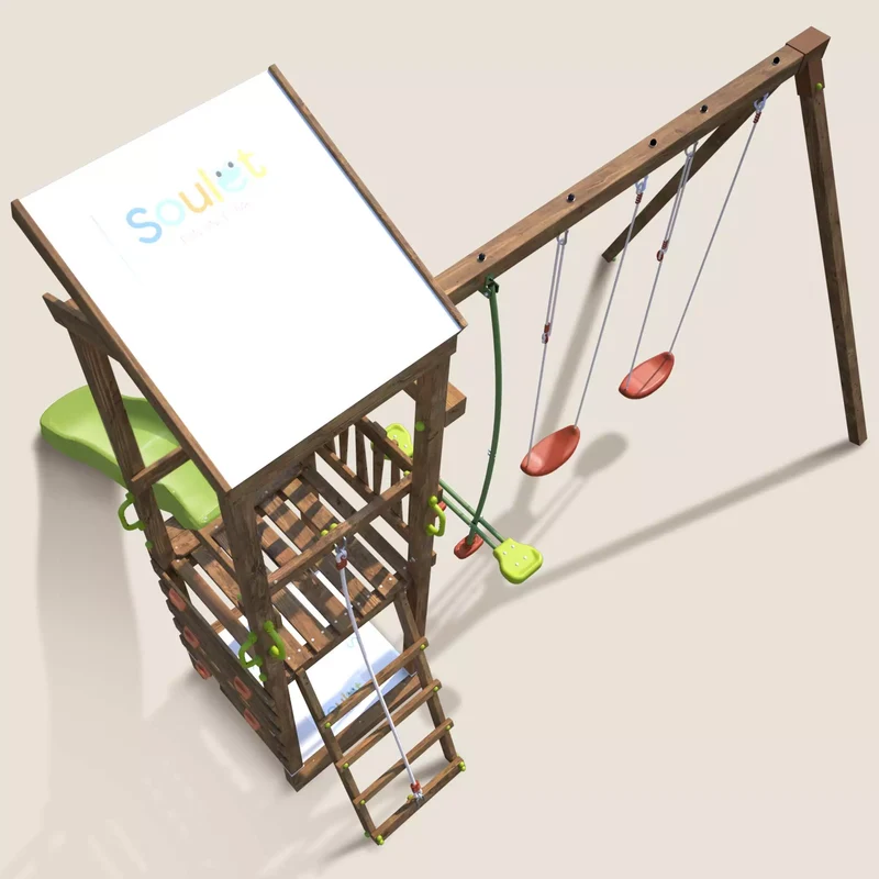 Aire de jeux SOULET Happy Swing & Climbing 120 avec portique 3 agrès et toboggan