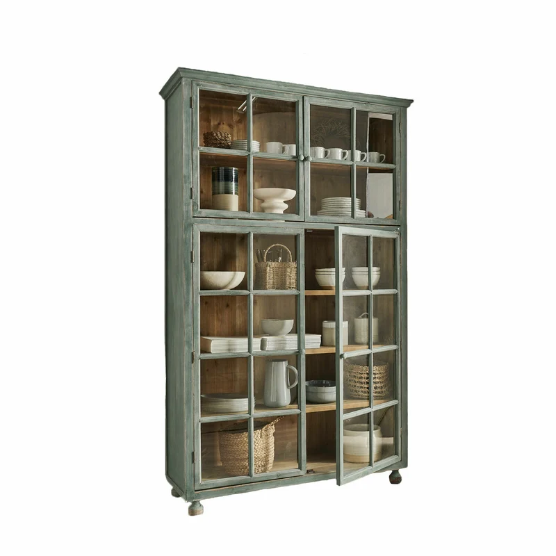 Vaisselier vitré BELLAC en bois vert vieilli