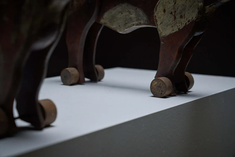 Pair of Antique Articulated Wooden Cow Pull Toys