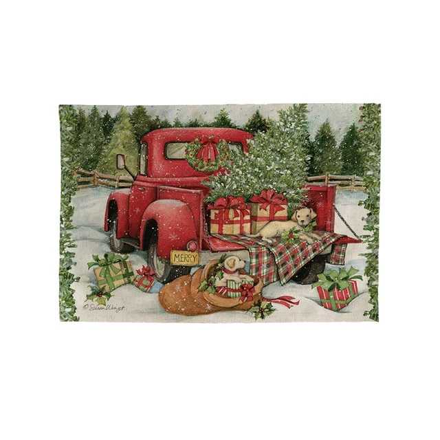 Set de Table Camion et Cadeaux de Jouets de Noel Rectangulaire Original en Tissu Coton & Lin