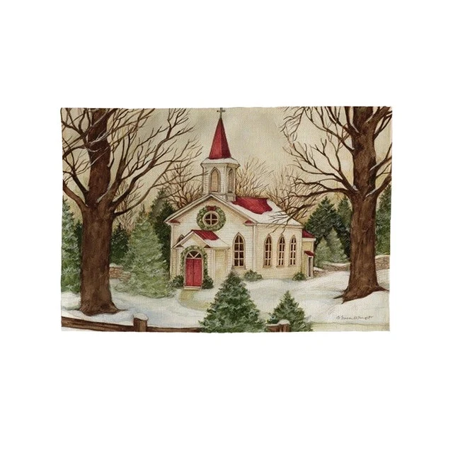 Set de Table Eglise de Noel Rectangulaire Original en Tissu Coton & Lin