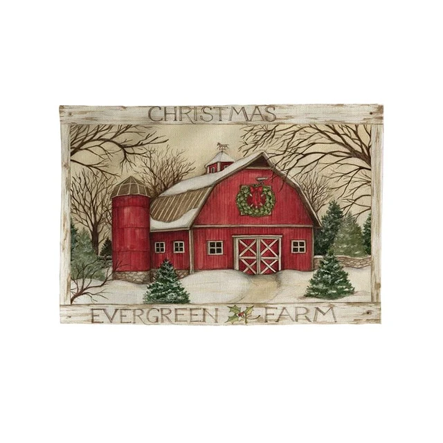 Set de Table Grange de Noel Rectangulaire Original en Tissu Coton & Lin