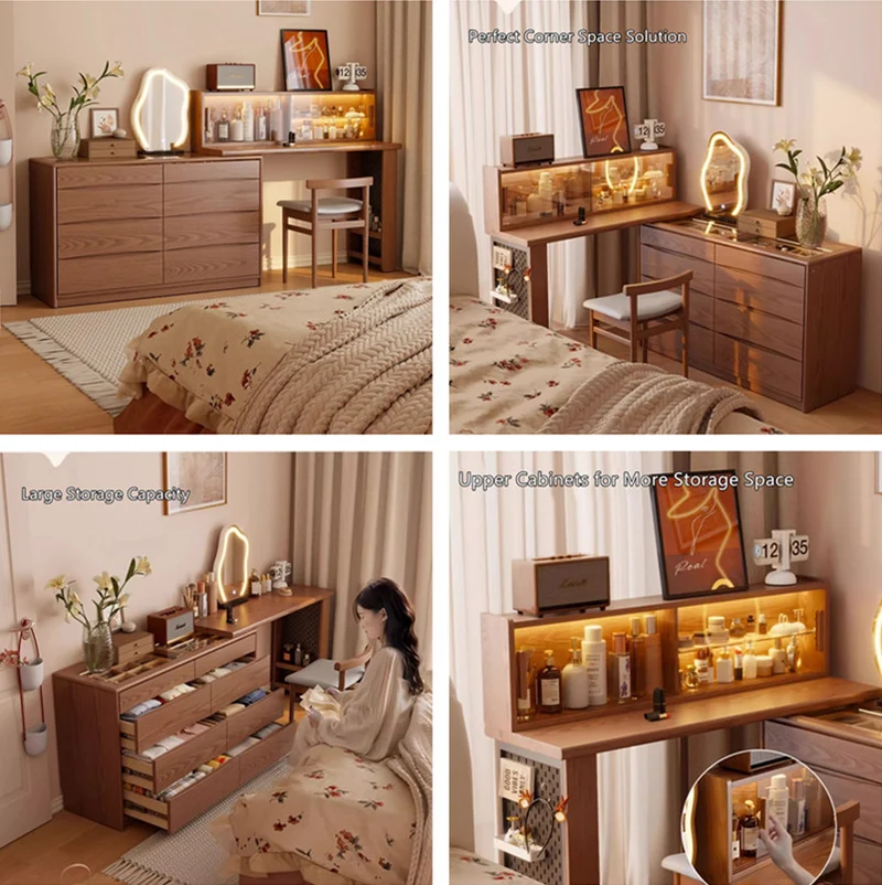 Coiffeuse extensible de luxe légère avec commode d'appoint à 8 tiroirs