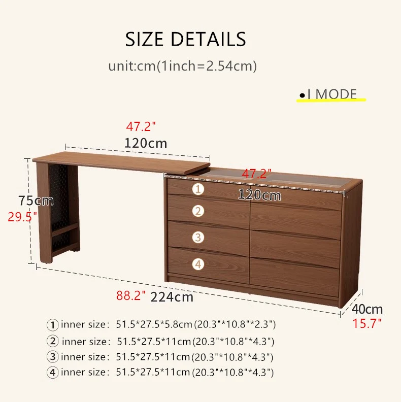 Coiffeuse extensible de luxe légère avec commode d'appoint à 8 tiroirs