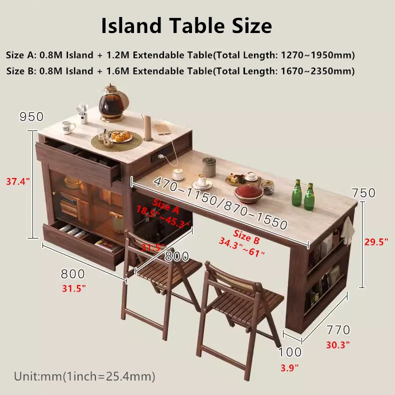 Table de cuisine télescopique avec îlot