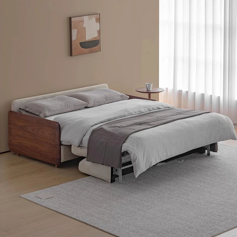 Canapé-lit de luxe en bois de noyer clair avec accoudoirs et matelas
