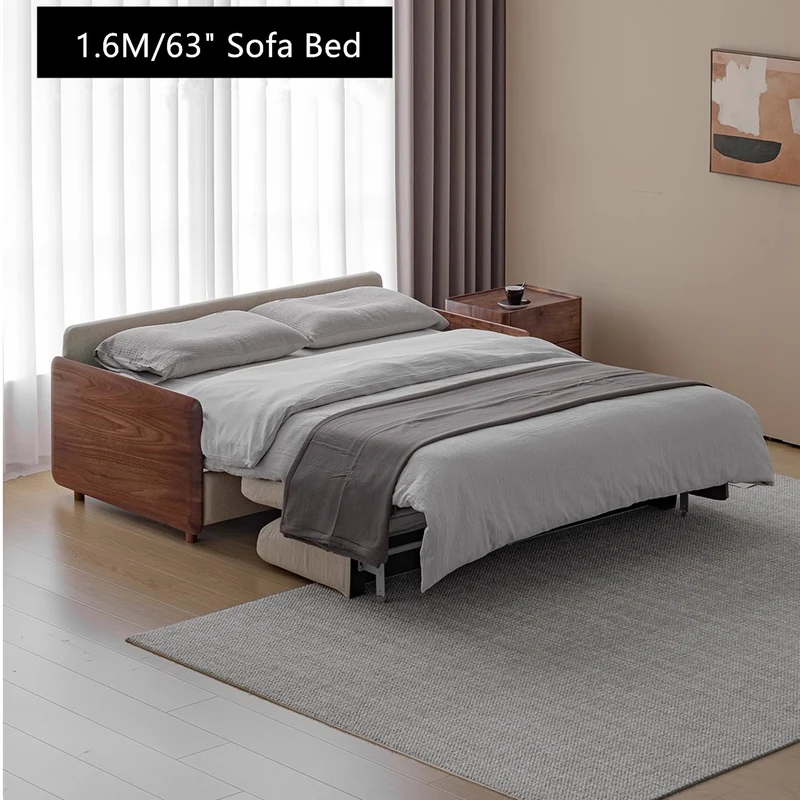 Canapé-lit de luxe en bois de noyer clair avec accoudoirs et matelas