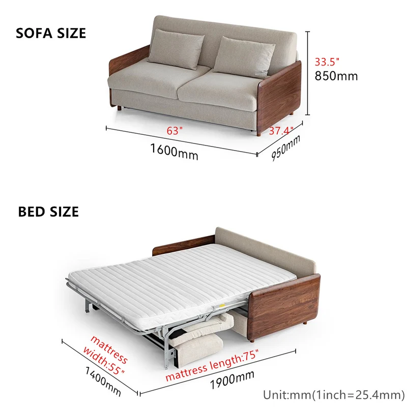 Canapé-lit de luxe en bois de noyer clair avec accoudoirs et matelas