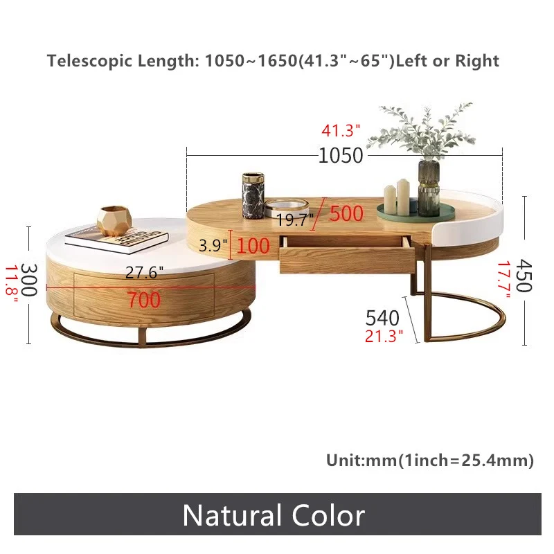 Table basse ronde de luxe moderne et légère de style nordique avec 4 tiroirs de rangement