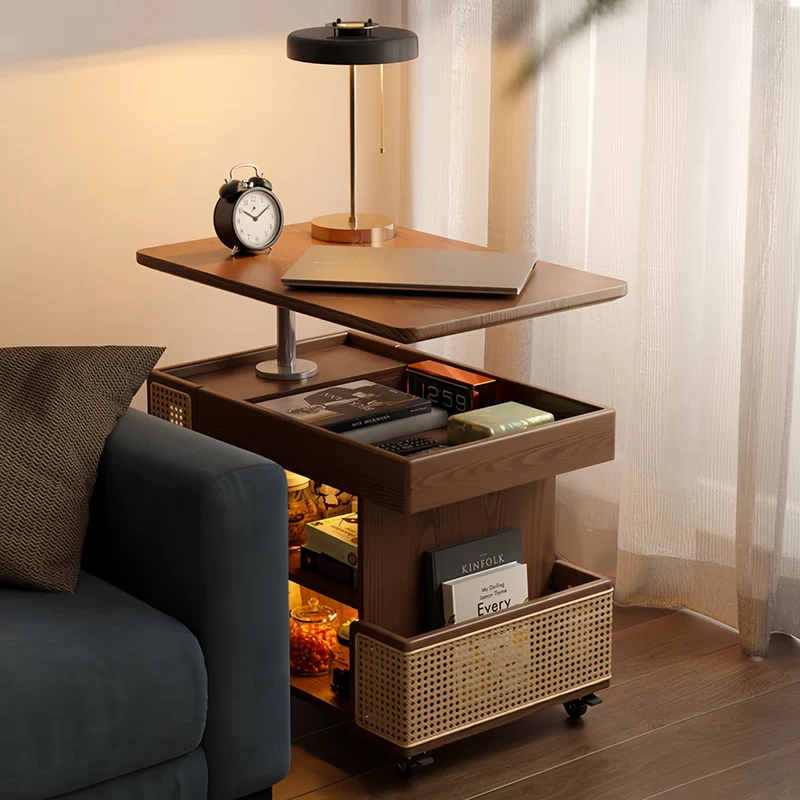 Table basse relevable en bois massif avec rangement et roulettes universelles