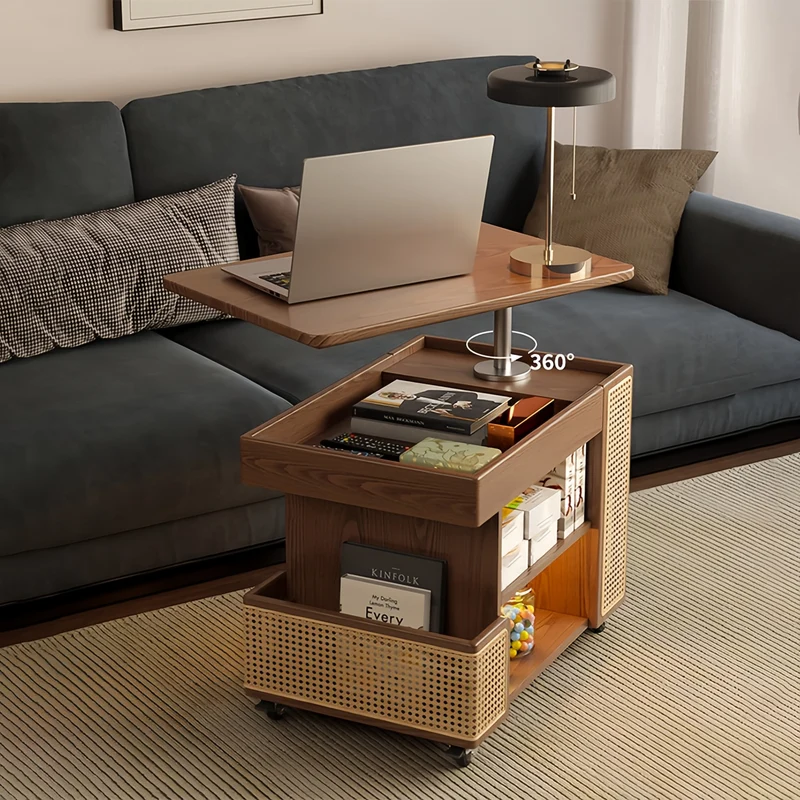 Table basse relevable en bois massif avec rangement et roulettes universelles