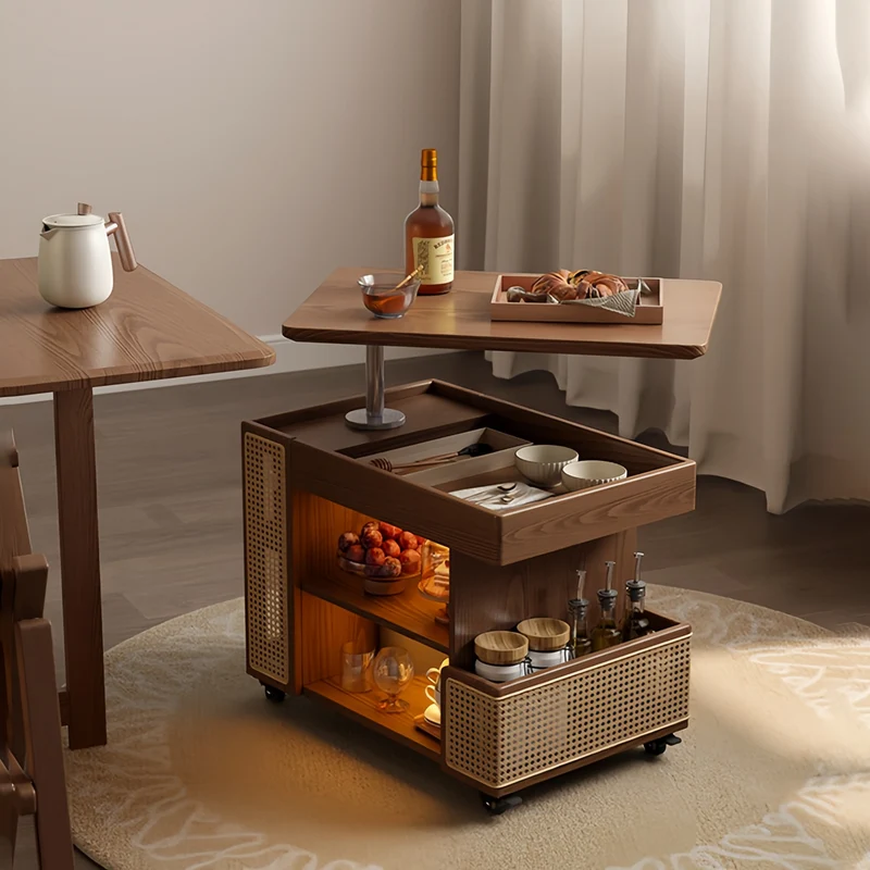 Table basse relevable en bois massif avec rangement et roulettes universelles