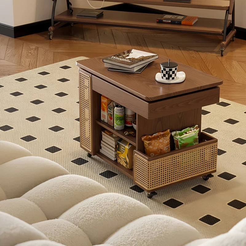 Table basse relevable en bois massif avec rangement et roulettes universelles