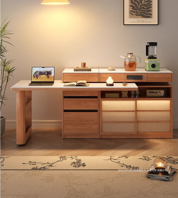 Table îlot rotative avec rangement pour chaises et buffet