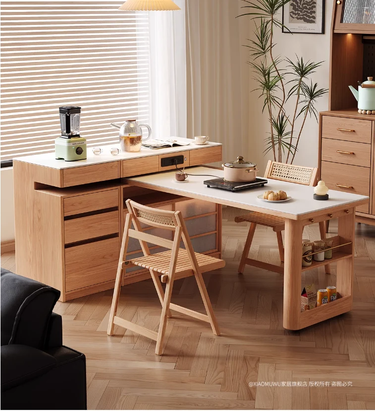 Table îlot rotative avec rangement pour chaises et buffet