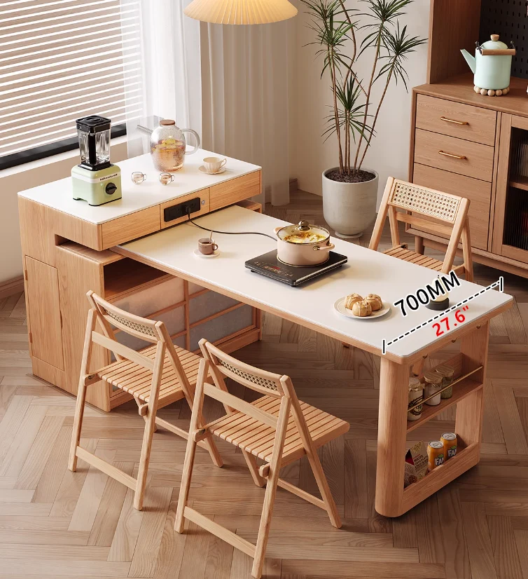 Table îlot rotative avec rangement pour chaises et buffet