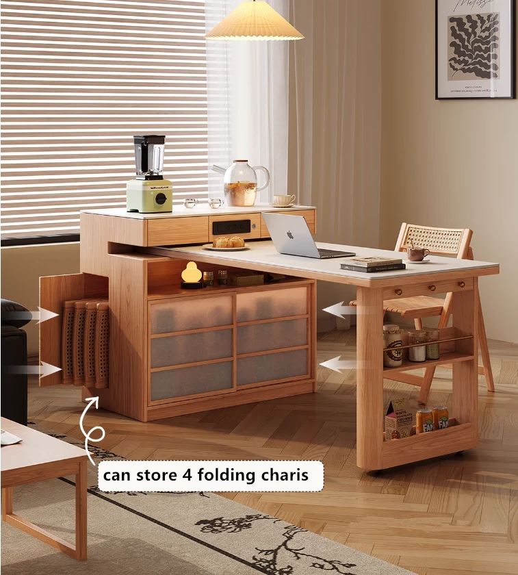 Table îlot rotative avec rangement pour chaises et buffet