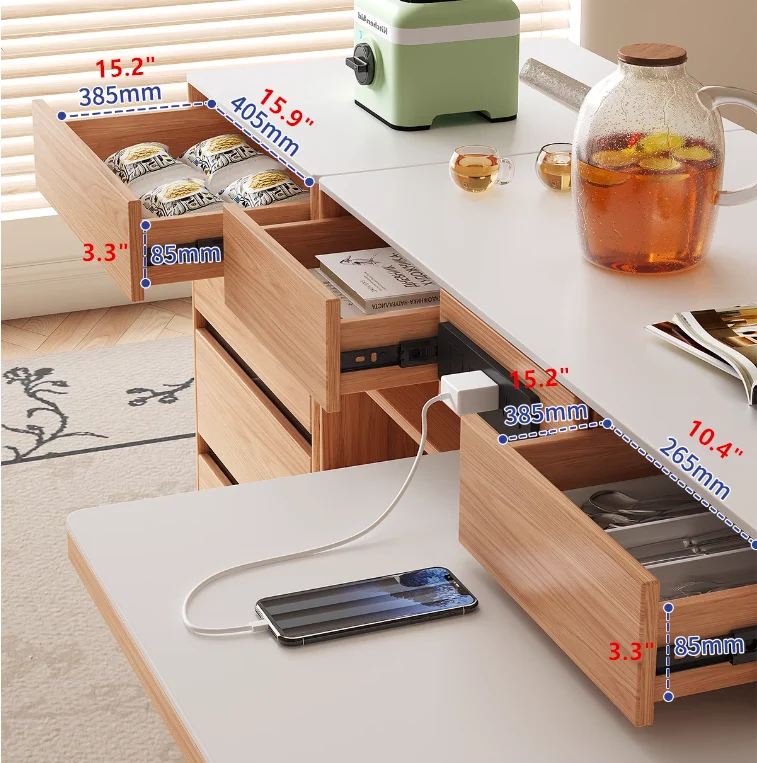 Table îlot rotative avec rangement pour chaises et buffet