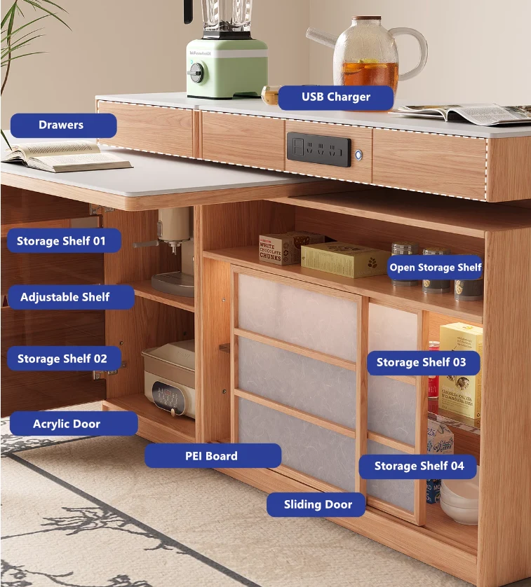 Table îlot rotative avec rangement pour chaises et buffet