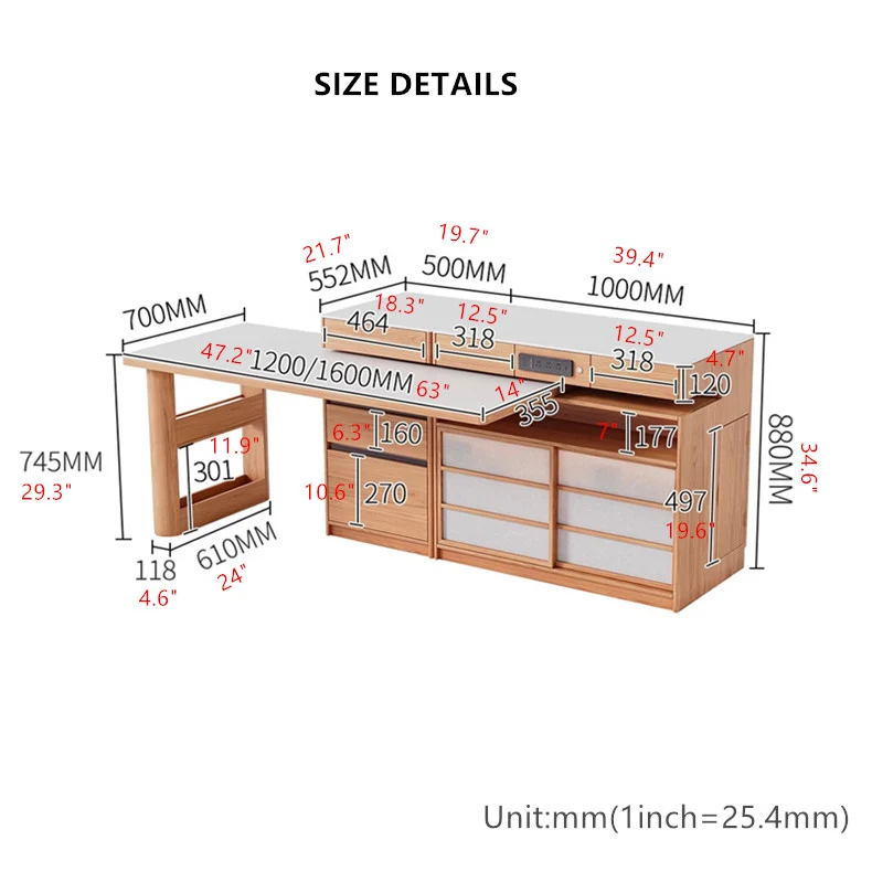 Table îlot rotative avec rangement pour chaises et buffet